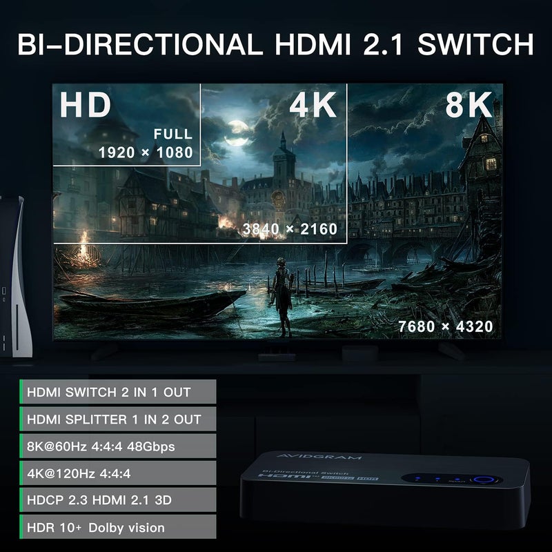 AVIDGRAM HDMI Switch 8k@60hz Splitter, Bidirectional HDMI Switcher 2 in 1 Out, Splitter 1 in 2 Out, Support 4K@120hz, Compatible with PS5, XSX, UHD TV, Monitor, Projector (1 Display at a time) - Image 2